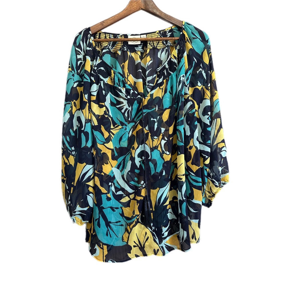 St Johns Bay Floral Chiffon Blouse Womens 3X‎ Blue Yellow Excellent Smocked Top